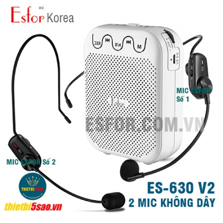Máy trợ giảng ESFOR ES630 V2 Hàn Quốc, 2 Micro không dây, Loa Bluetooth 5.0 Esfor ES-630 UHF V2