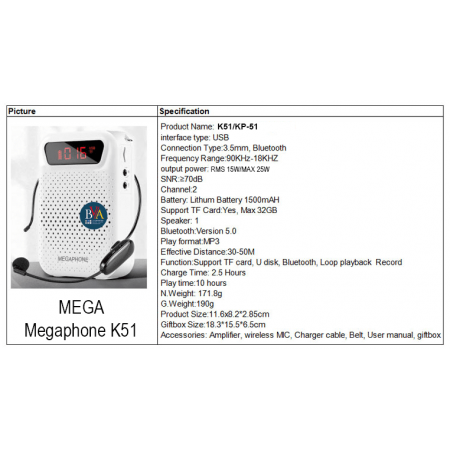 Máy trợ giảng Không dây MegaPhone K51 loa Bluetooth 5.0 Mega Phone K51