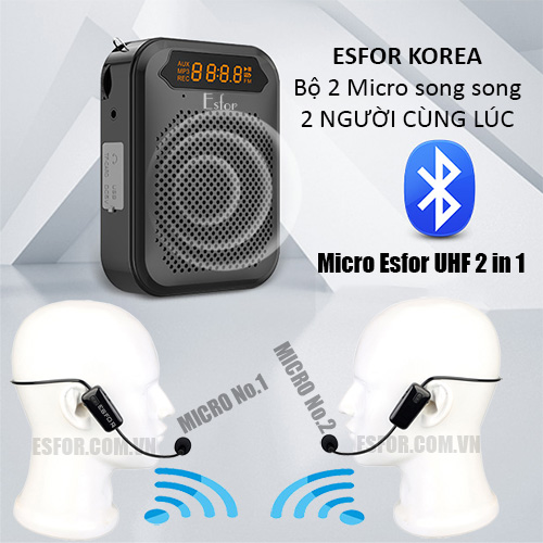 Micro trợ giảng không dây cho giáo viên ESFOR UHF 2 in 1 Hàn Quốc (2 Micro cùng lúc ra 1 loa)